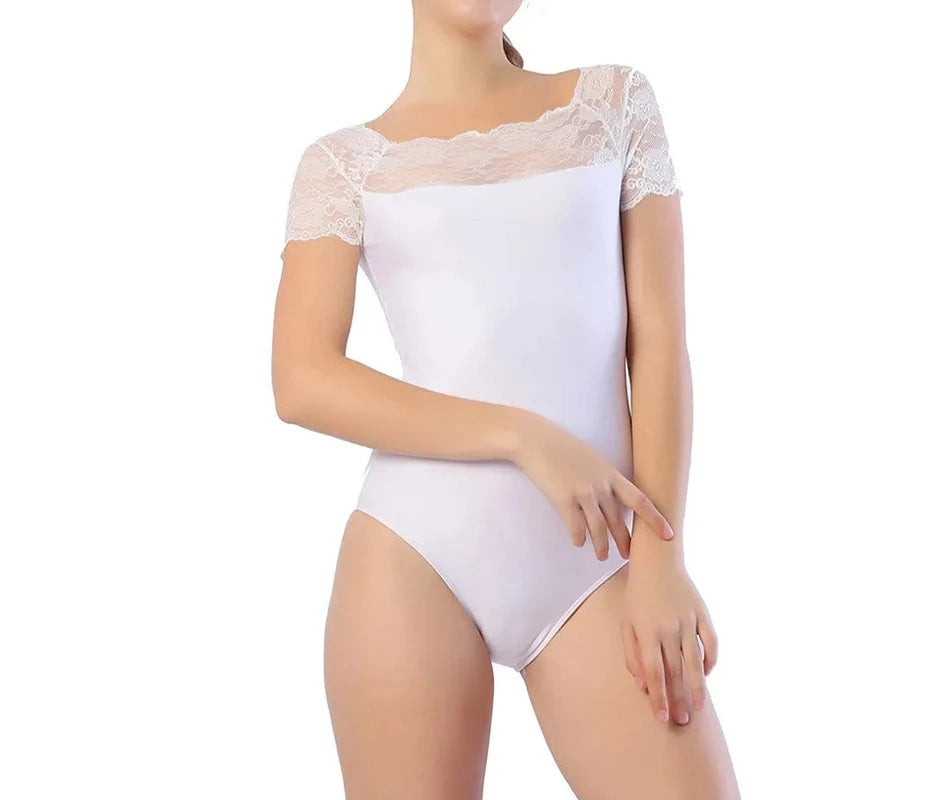 White short sleeve lace ballet leotard