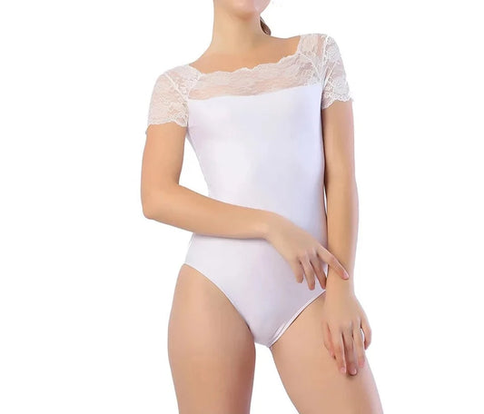 White short sleeve lace ballet leotard