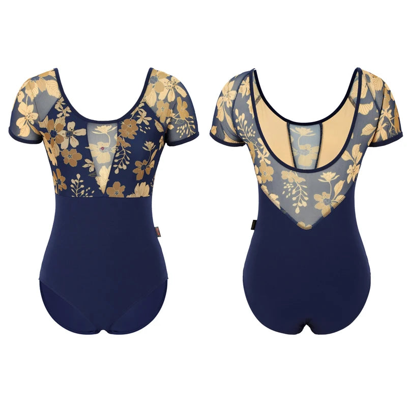 The Tamera Leotard blue and gold floral short sleeve