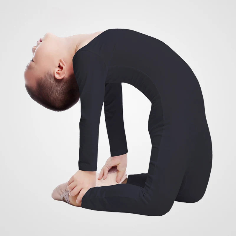 boy doing backbend wearing black unitard