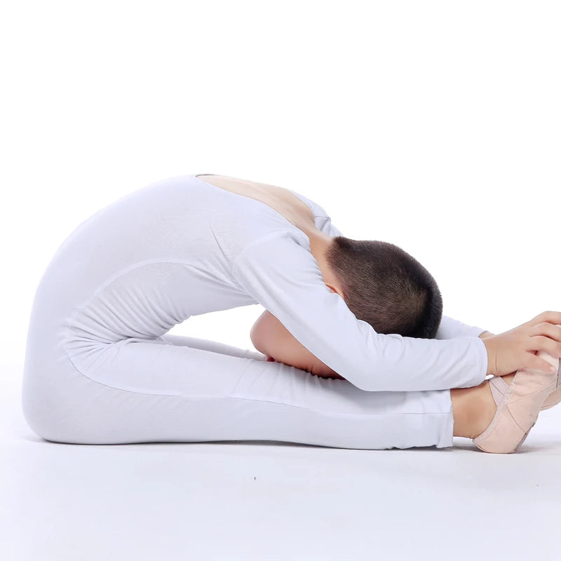 boy touching toes wearing white unitard