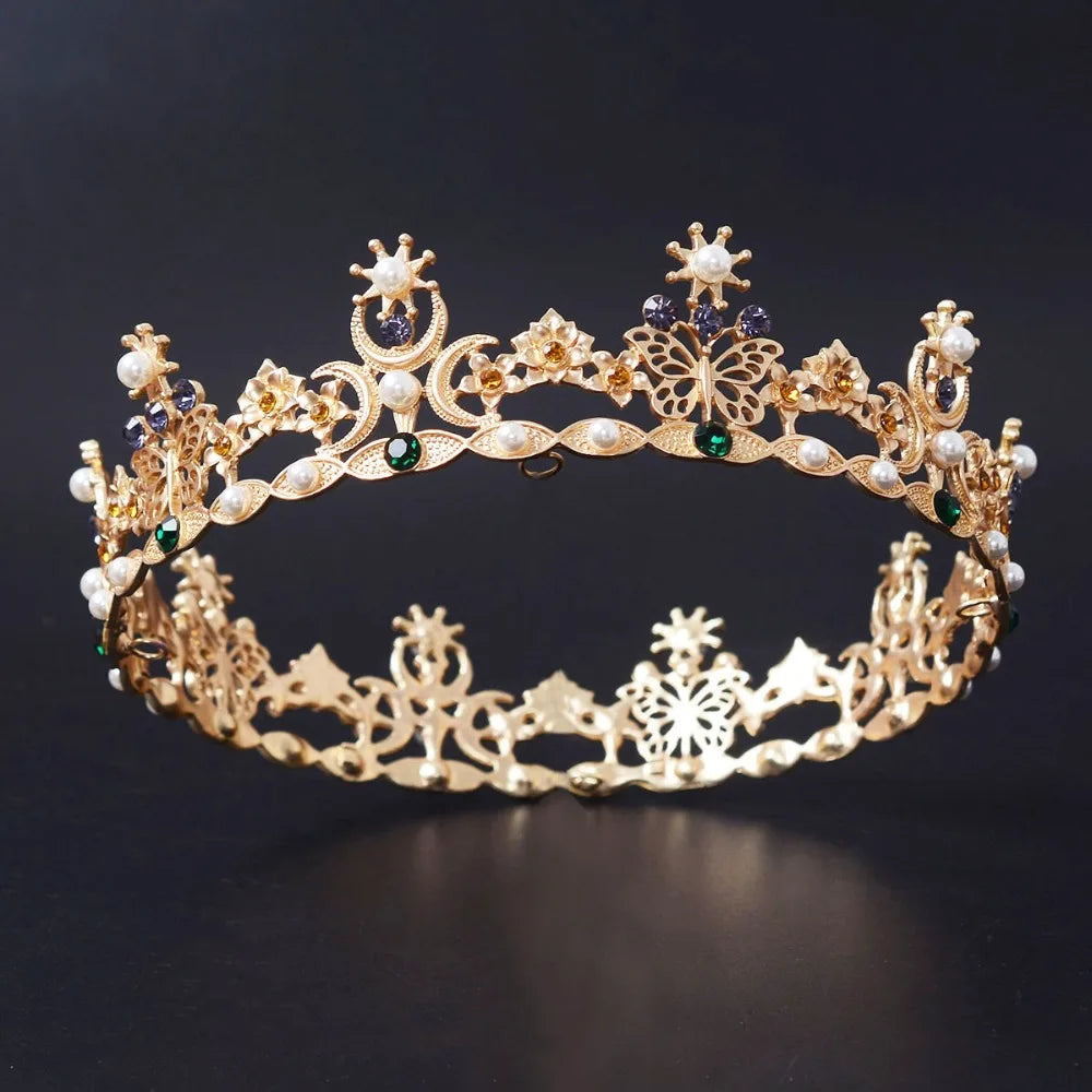 gold crown with faux emeralds pearls and crystal