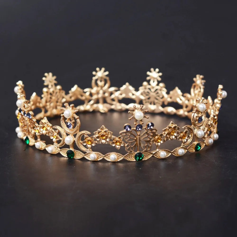 gold crown with faux emeralds pearls and crystal