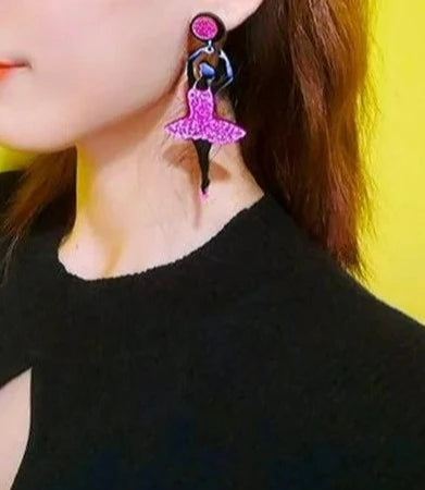 acrylic pink and black ballerina drop earrings