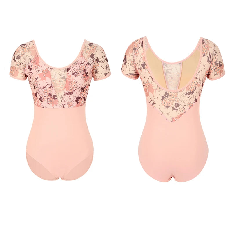 The Tamera Leotard pink floral short sleeve