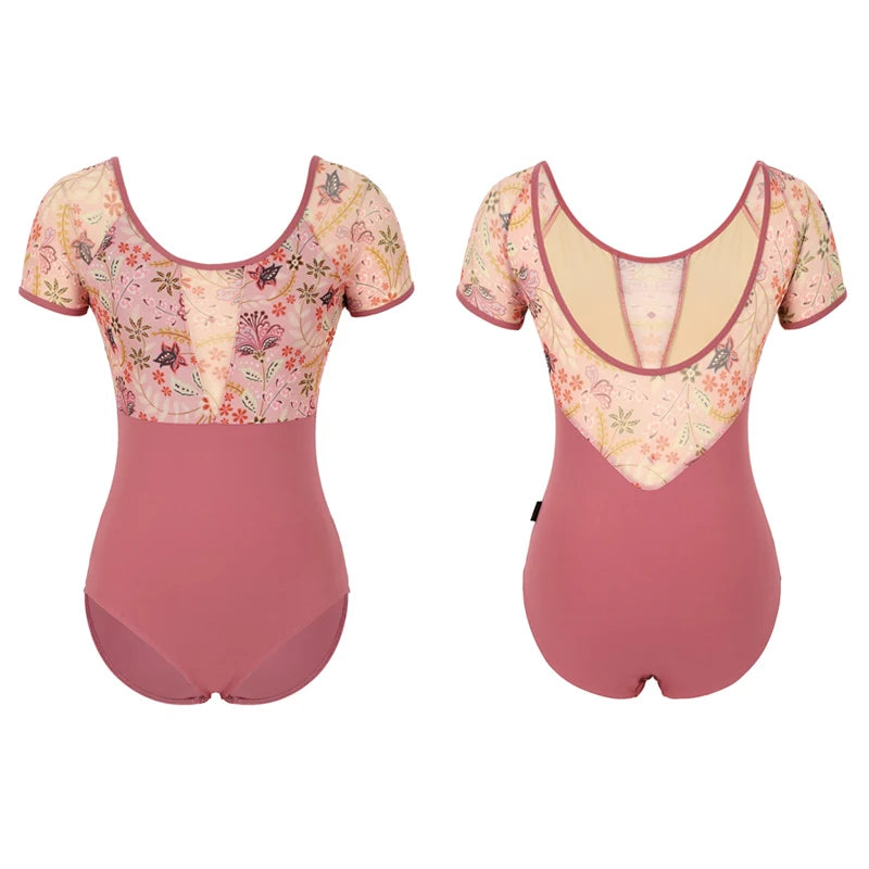 The Tamera Leotard pink floral short sleeve