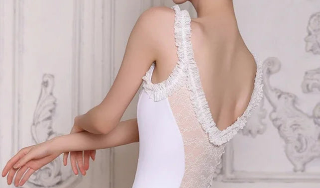 frilly beige and white tank leotard