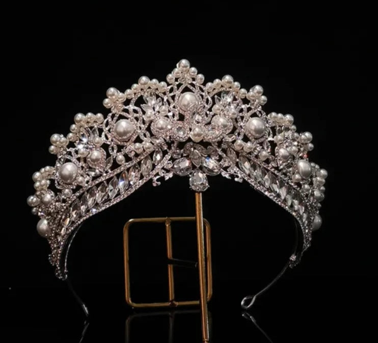 front of crystal and pearl tiara