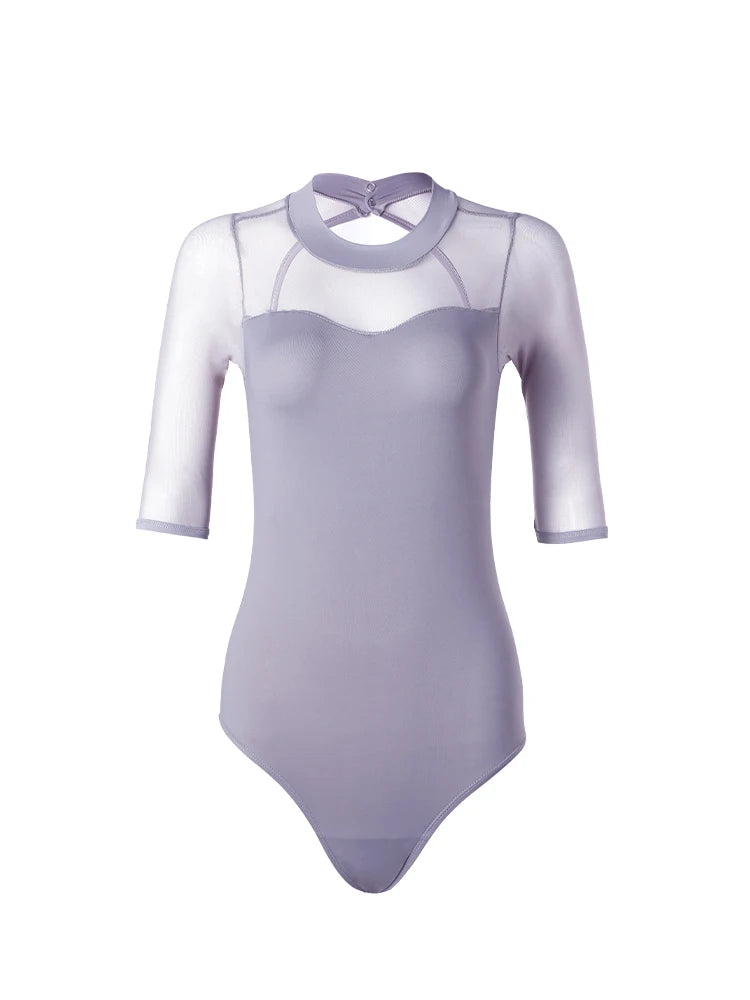 front of grey mesh 3/4 sleeve leotard