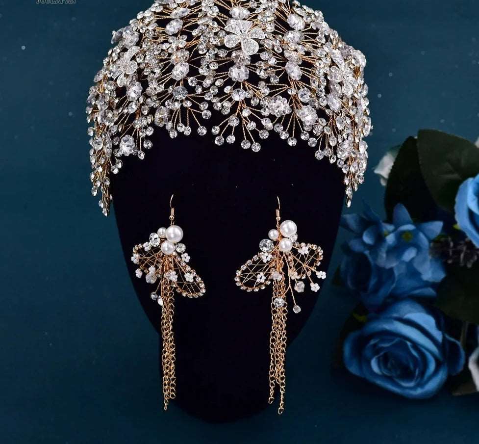crystal bridal and ballerina headpiece with crystal flowers with matching earrings