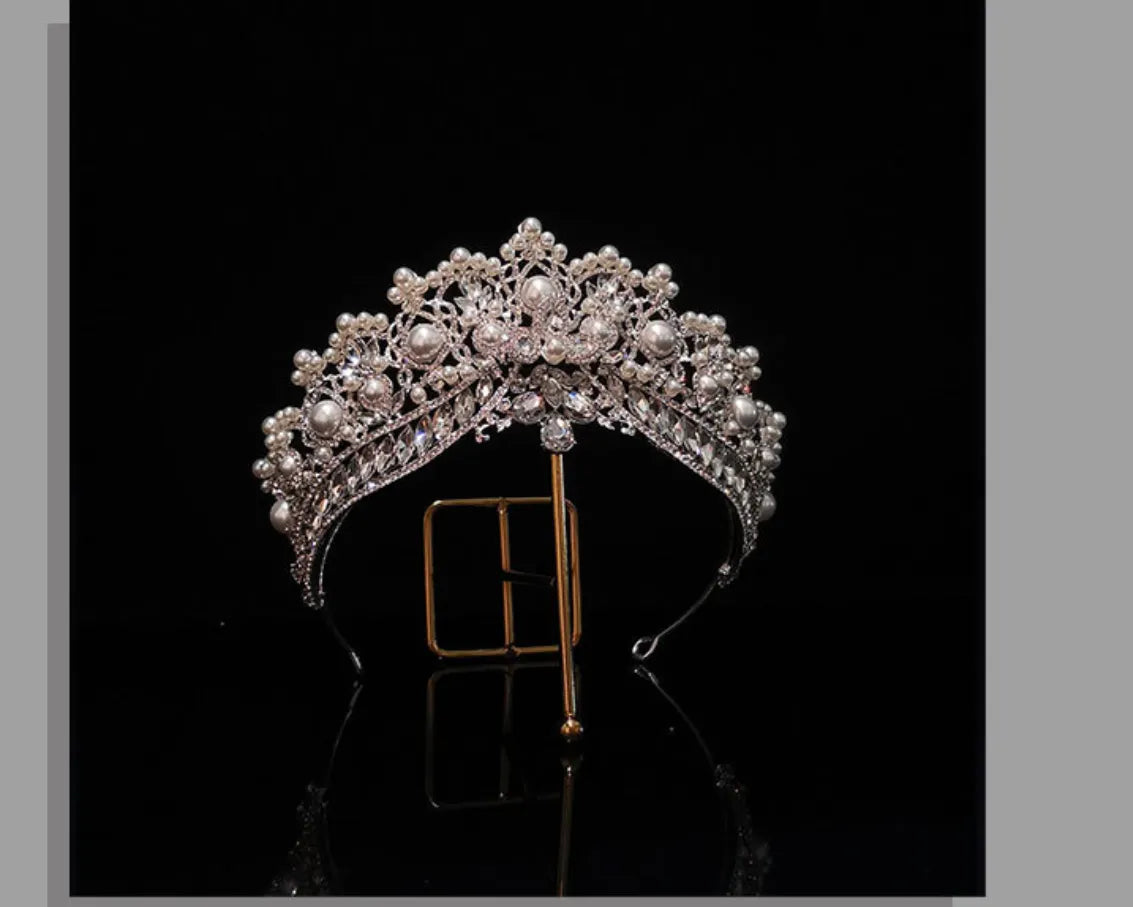 front of crystal and pearl tiara