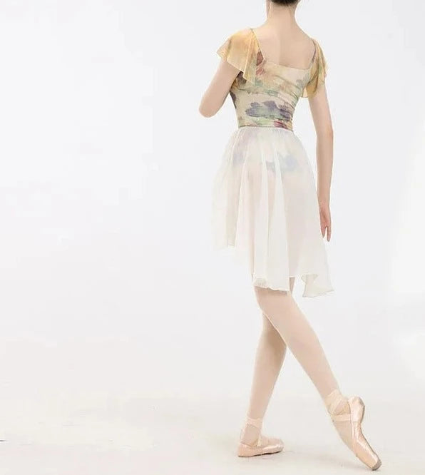 back of floral flutter sleeve leotard