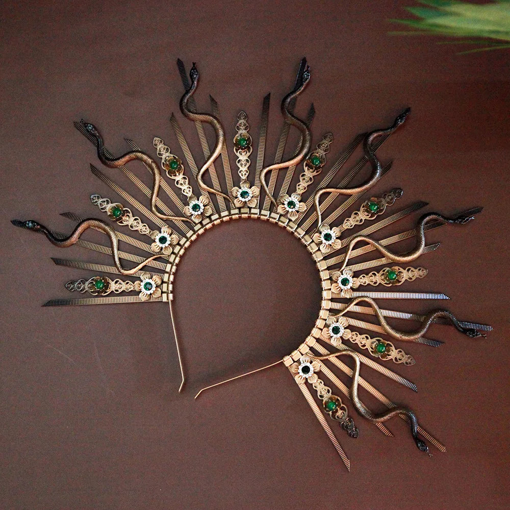Black and gold snake medusa metal headpiece with flowers