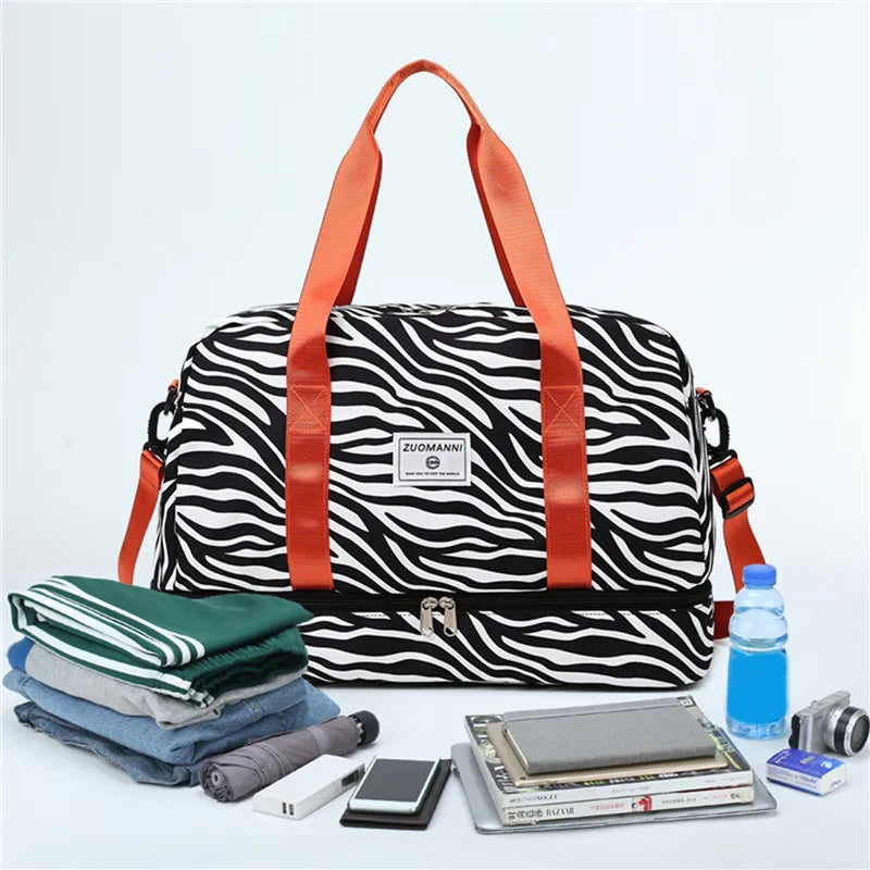 front of zebra patterned dance bag sports bag