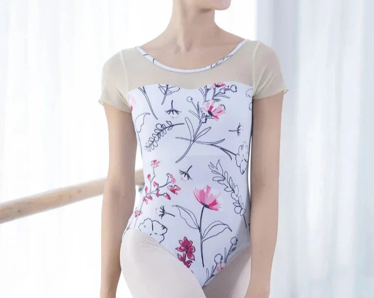 white floral cap sleeve leotard with mesh
