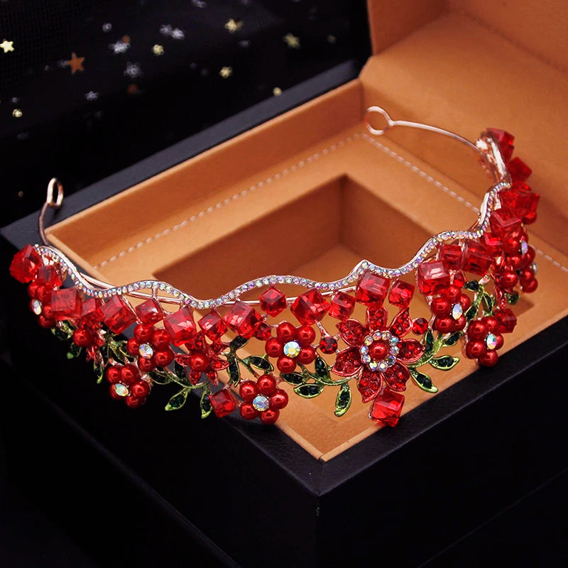 Red floral motif crystal tiara with red crystals and pearls