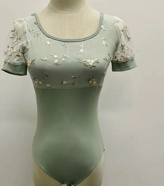 The Trista Leotard floral and lace puff sleeve leotard