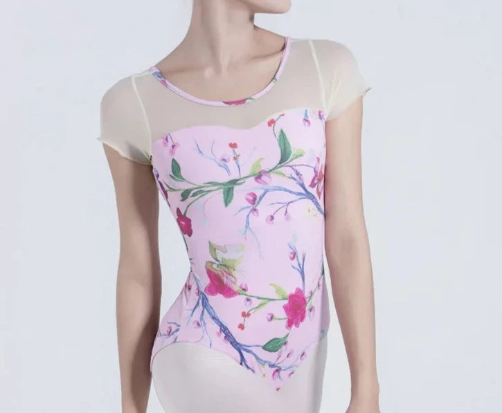 light pink floral cap sleeve leotard with mesh