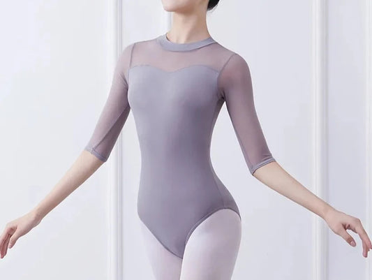 woman wearing 3/4 sleeve grey mesh leotard