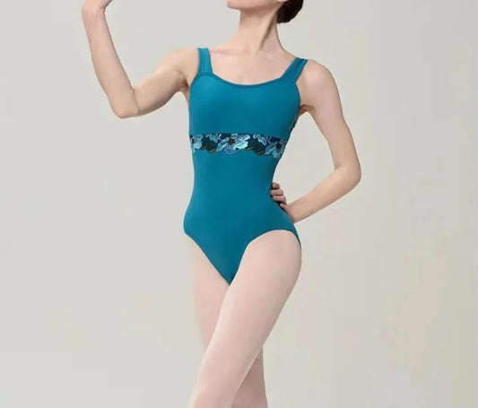 blue green tank leotard with black belt