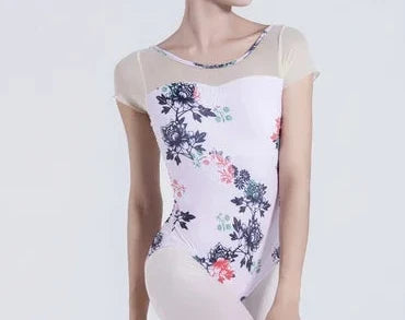 floral cap sleeve leotard with mesh