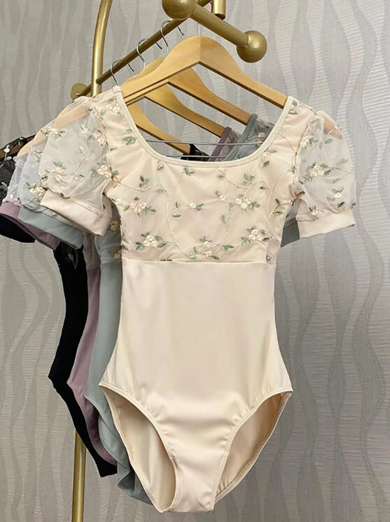 The Trista Leotard floral and lace puff sleeve leotard