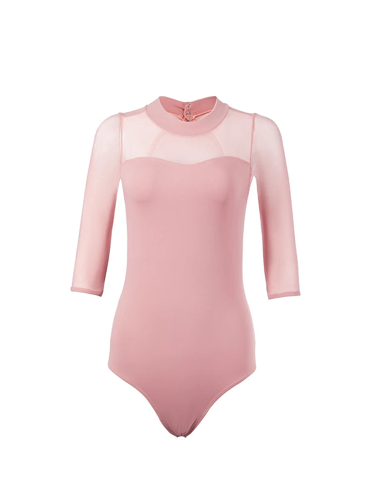 front of 3/4 sleeve mesh pink leotard