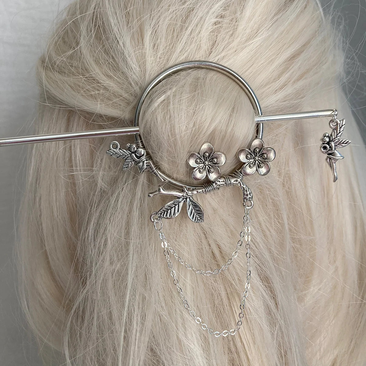 metal stick pin bun holder with fairies