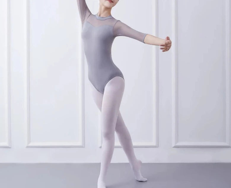 front of woman wearing grey 3/4 sleeve mesh leotard