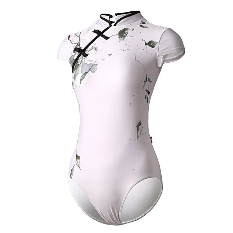 The Dai Lu Leotard white and floral mandarin collar leotard