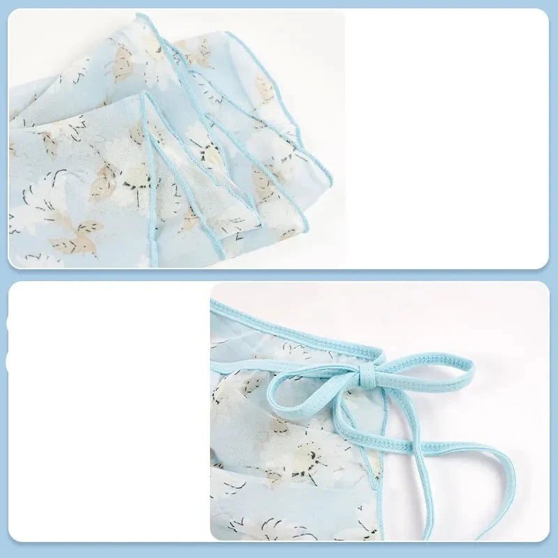close up photo of ties on womens blue floral ballet skirt