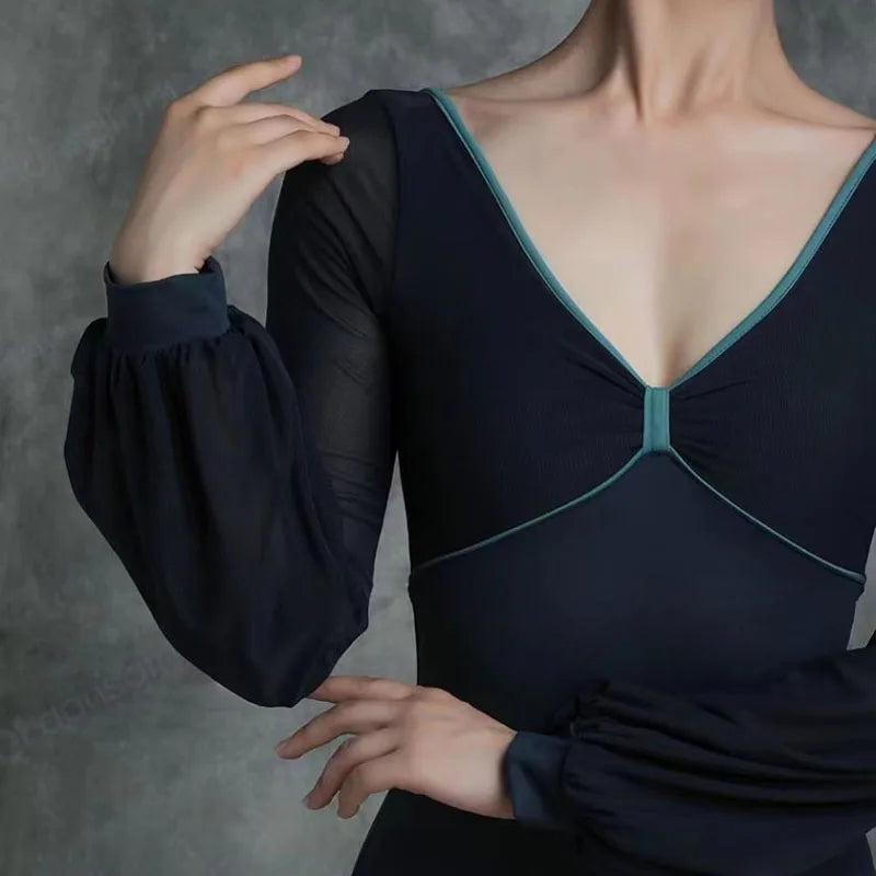 ront of woman wearing a long sleeve ballet leotard and bodysuit