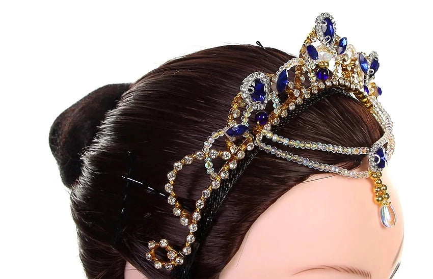 Side of blue and crystal ballet headpiece YAGP tiara