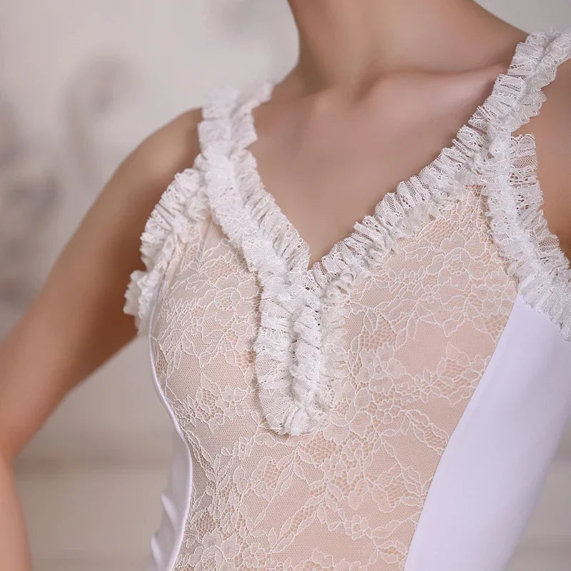 frilly beige and white tank leotard