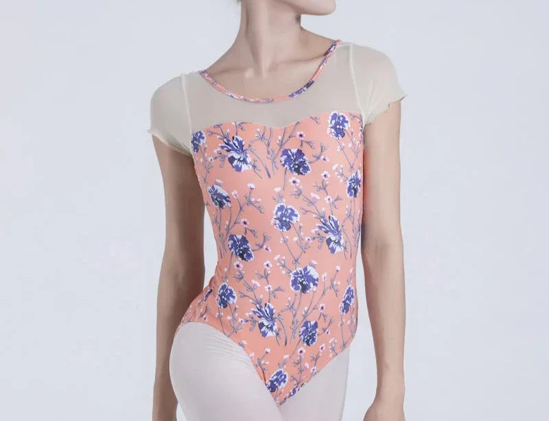 Pink and blue floral cap sleeve leotard with mesh