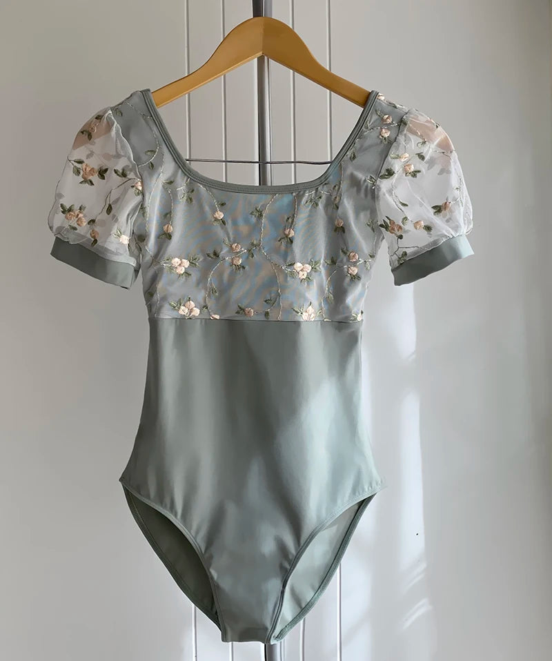 The Trista Leotard floral and lace puff sleeve leotard