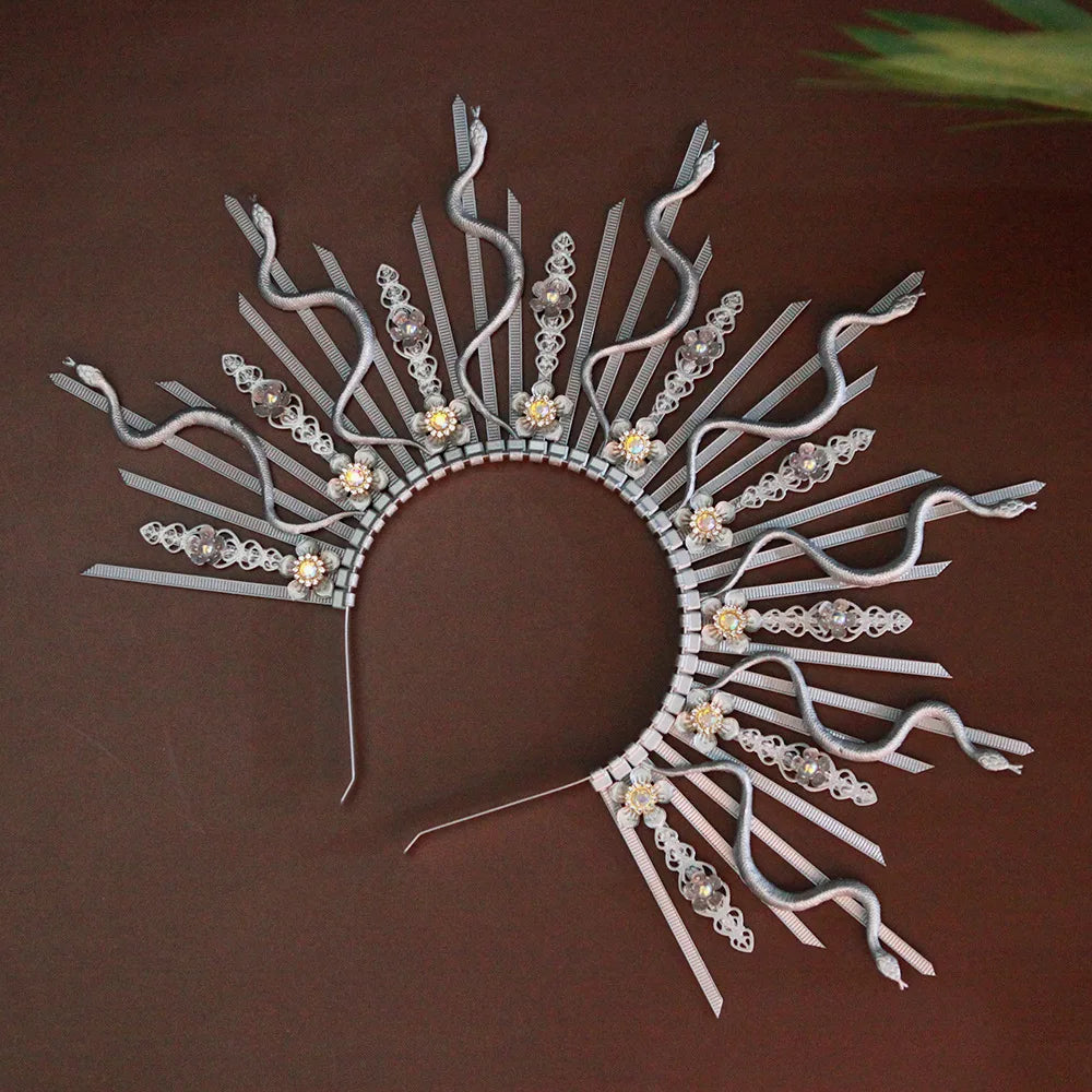 Silver medusa metal snake headpiece with flowers