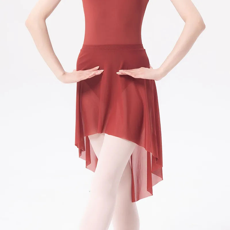 front of woman wearing a maroon ballet skirt