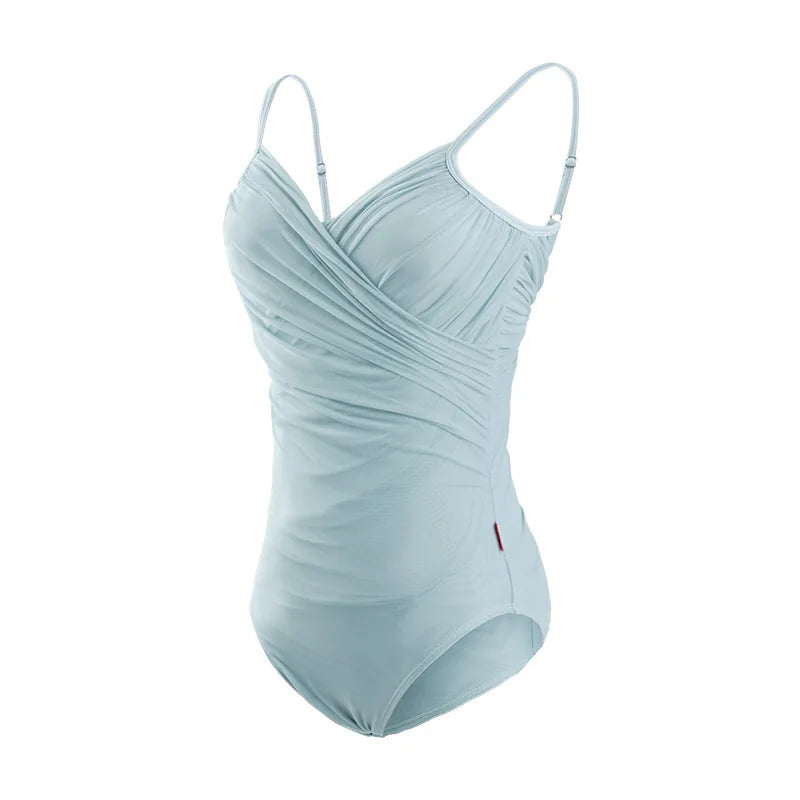 front of blue grey camisole leotard