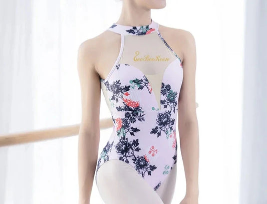 halter floral leotard with mesh