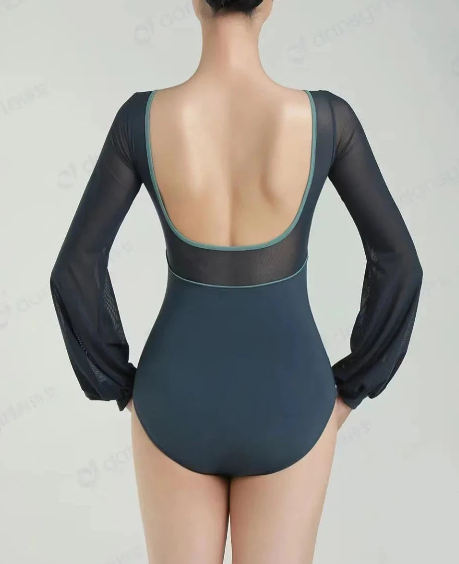 back of woman wearing a long sleeve leotard