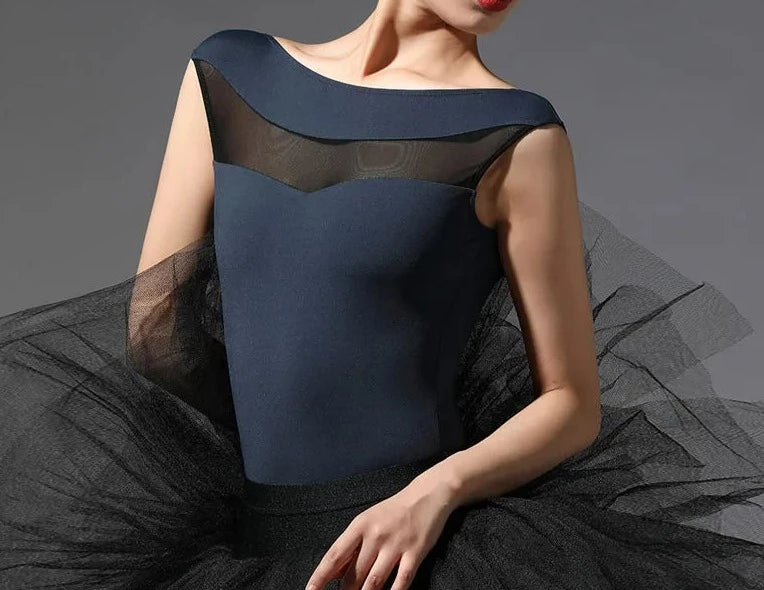 front of black boat neck leotard with mesh front