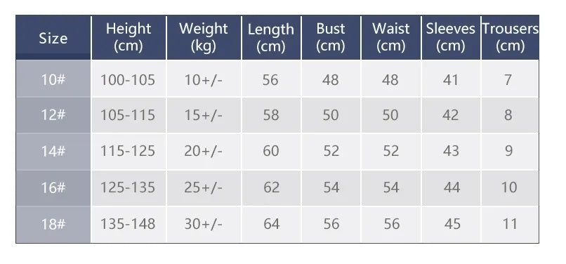 size chart for boys unitard