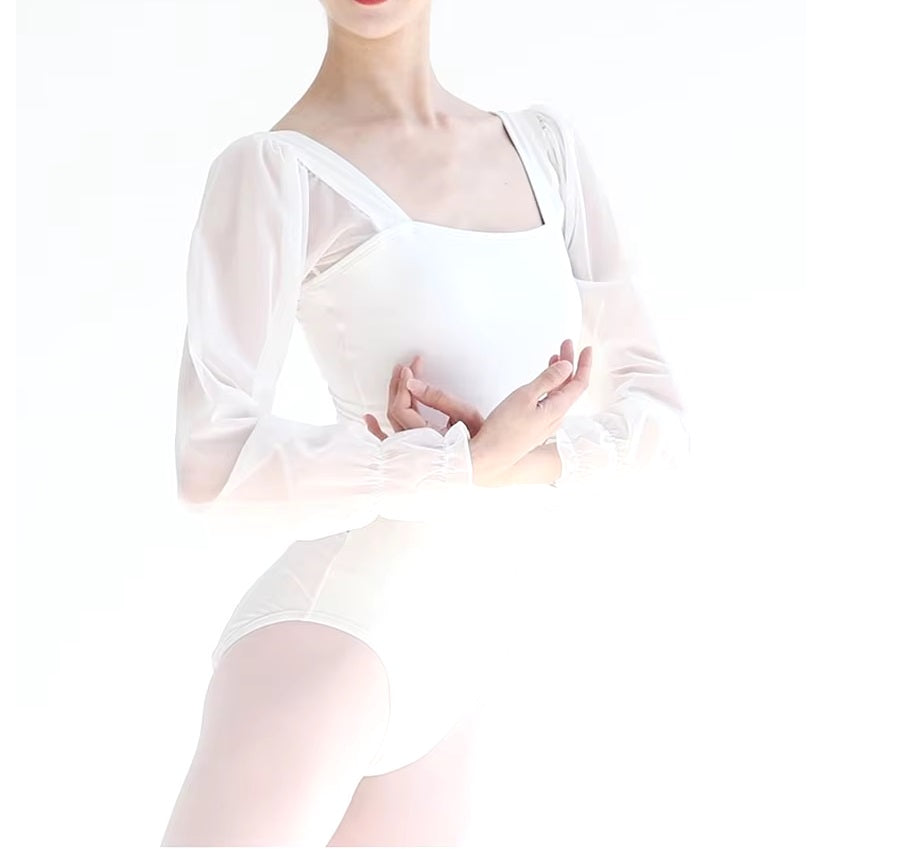 white long puffed sleeve leotard YAGP