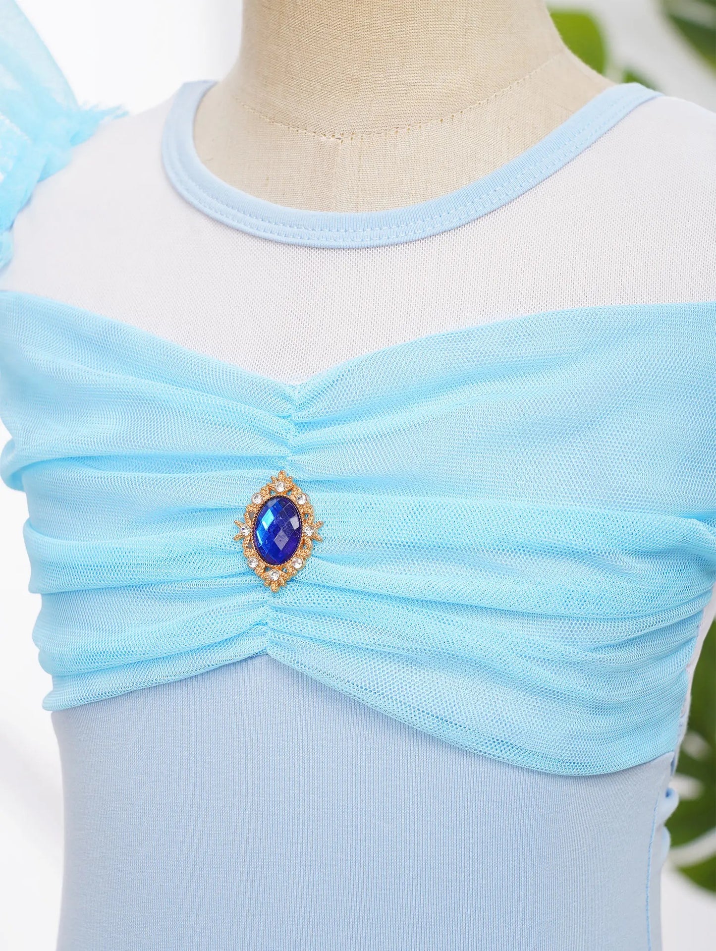 front of blue girls bodysuit leotard with jewel