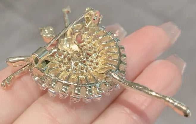 Back of gold and crystal ballerina brooch dance bag pin YAGP
