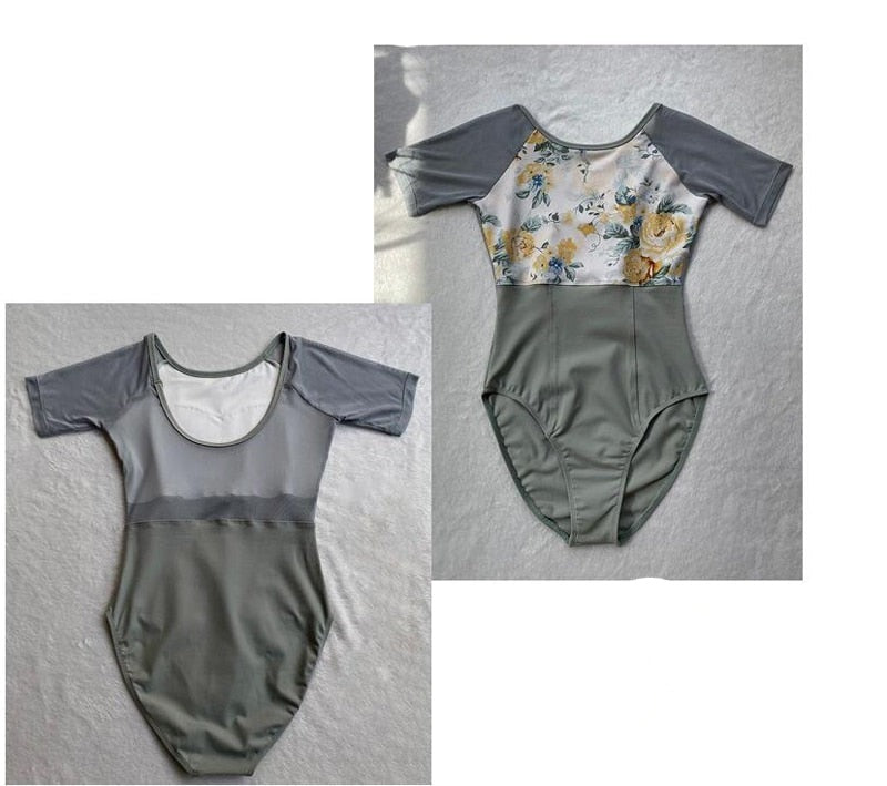 front of grey floral 3/4 sleeve girl's leotard