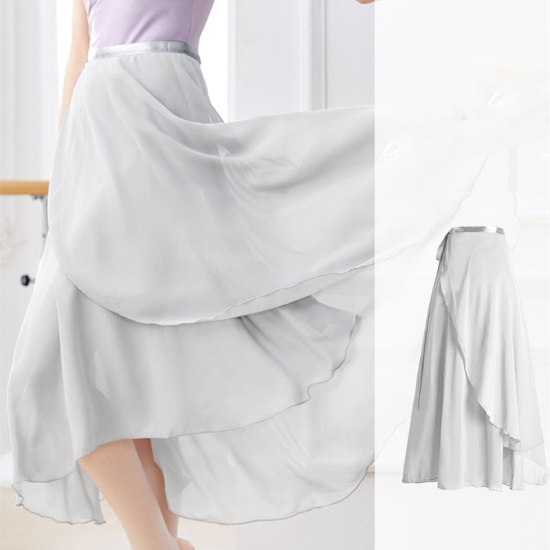 woman wearing long grey chiffon ballet skirt