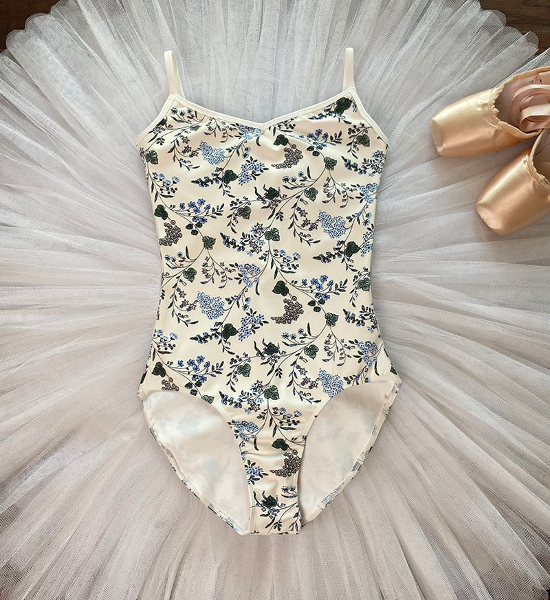 front of blue floral camisole leotard