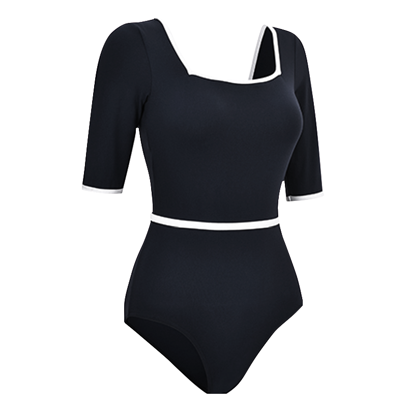 front of black 3/4 sleeve leotard with white trim. YAGP ballet dance